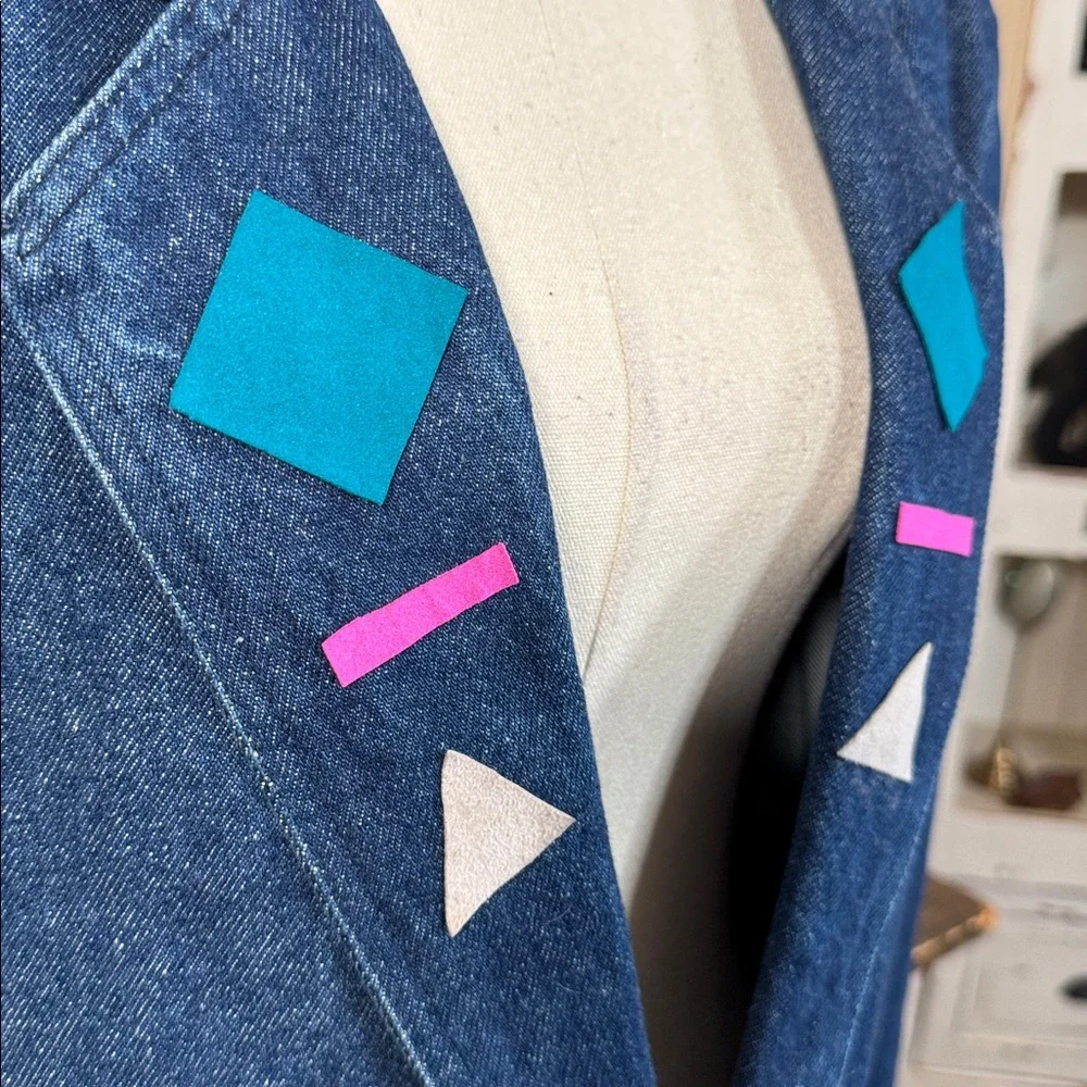 Vintage 80s Hunt Club Dark Blue Denim Blazer with Teal & Pink Accents